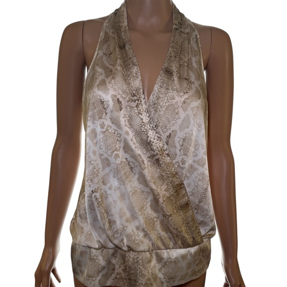 White House Black Market Tops - White House Black Market Snakeskin Halter Top Beige Surplice Smocked Blouse WHBM